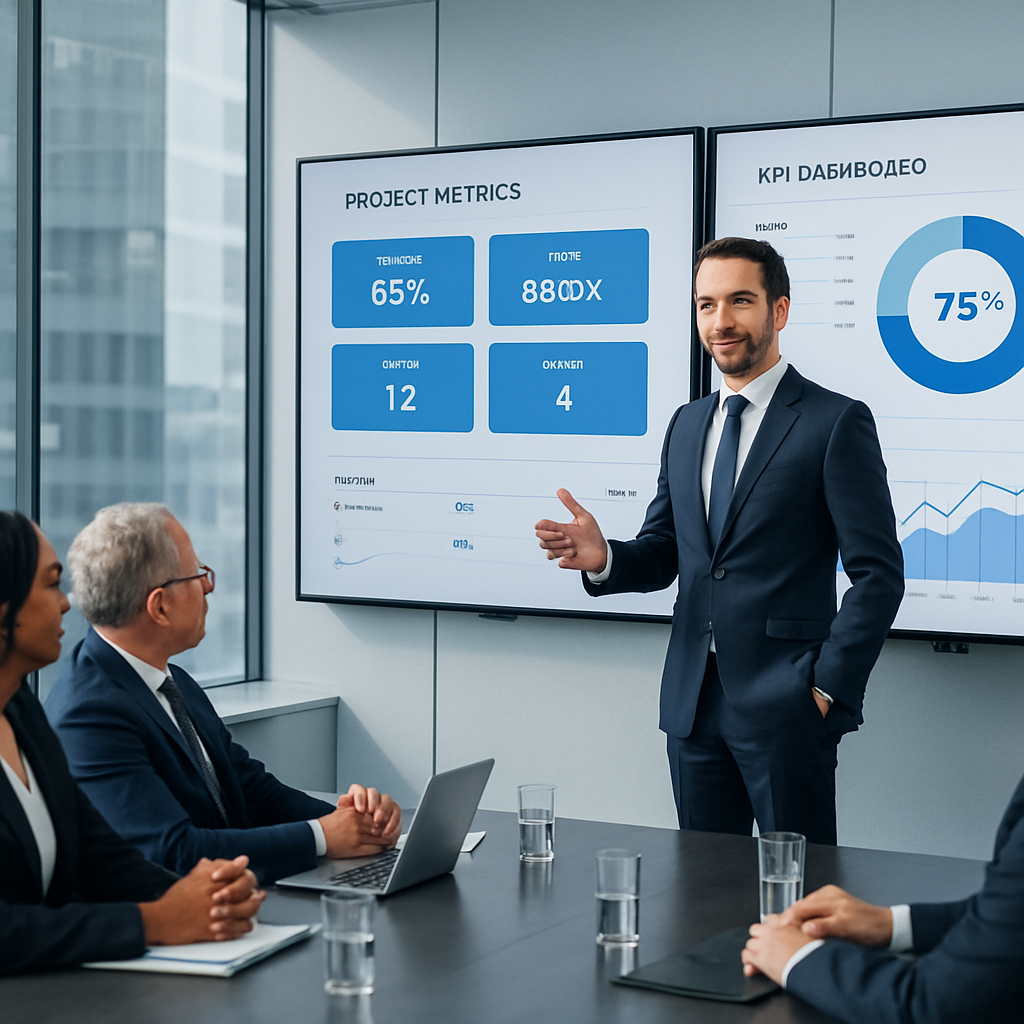 Executive project leadership presentation with senior managers discussing strategic project portfolio and digital transformation initiatives